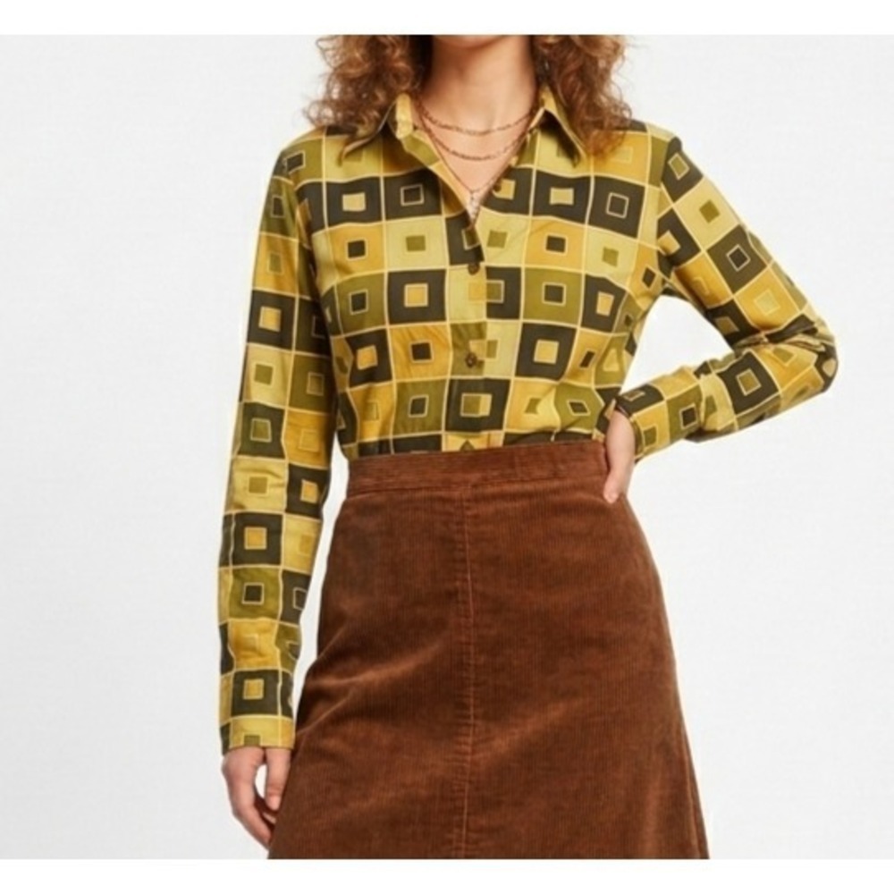 Vintage Carlies Court Womens Green Geometric Button Up Shirt Sz S retro disco